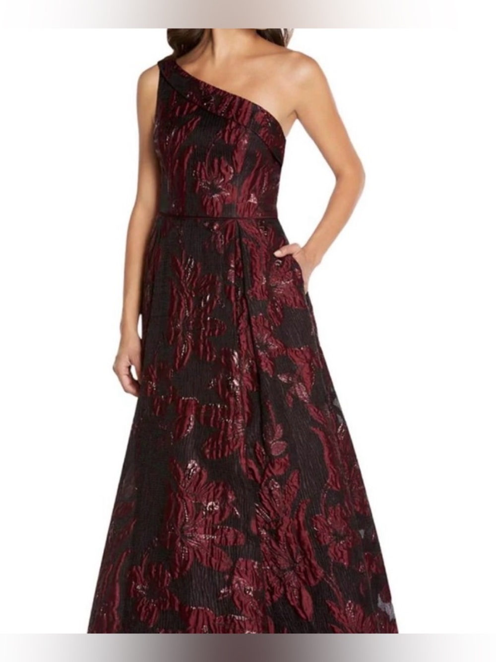 Aidan Mattox One-Shoulder Black and Burgundy Floral Evening Gown Sz 12